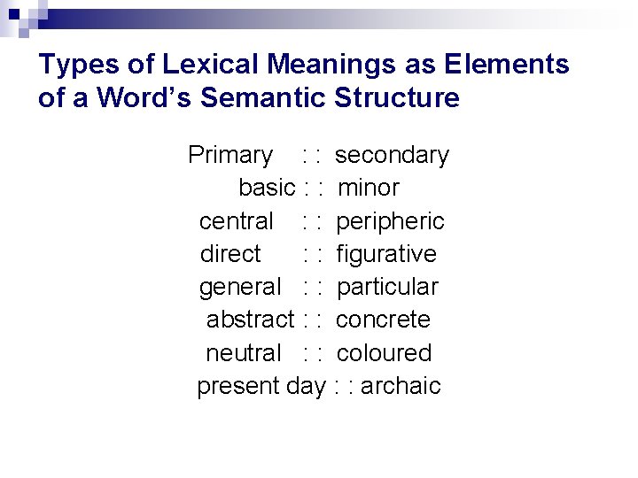 Types of Lexical Meanings as Elements of a Word’s Semantic Structure Primary : :