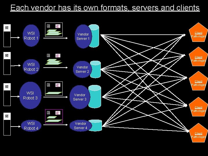 Each vendor has its own formats, servers and clients WSI Robot 1 Vendor Server