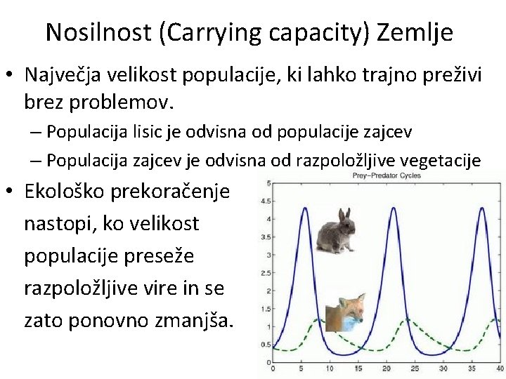 Nosilnost (Carrying capacity) Zemlje • Največja velikost populacije, ki lahko trajno preživi brez problemov.