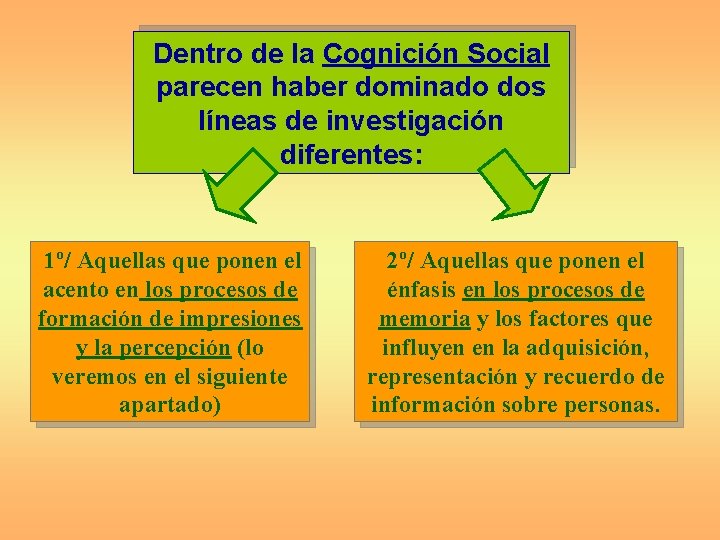 Dentro de la Cognición Social parecen haber dominado dos líneas de investigación diferentes: 1º/