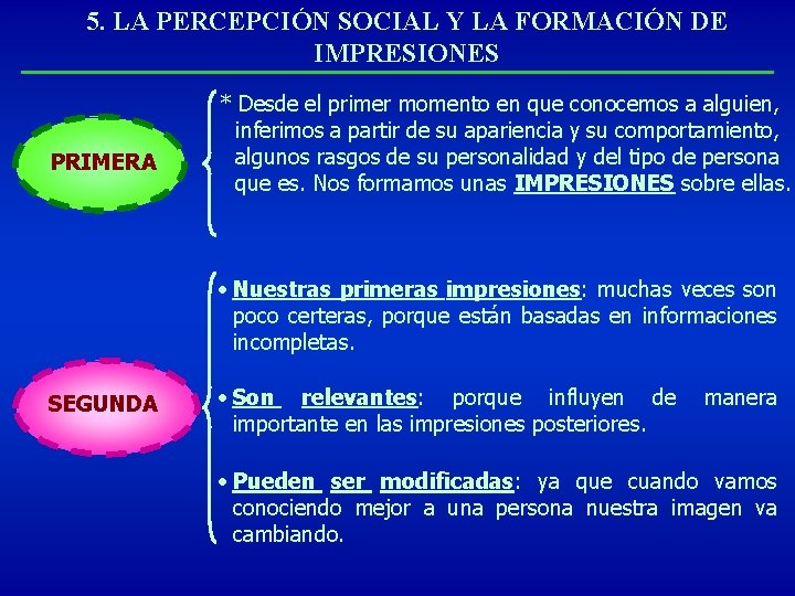 5. LA PERCEPCIÓN SOCIAL Y LA FORMACIÓN DE IMPRESIONES PRIMERA * Desde el primer