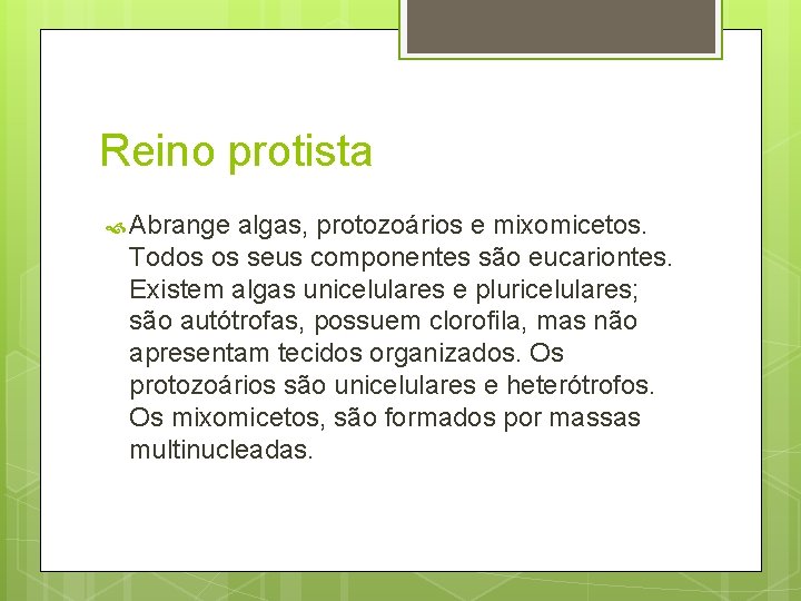 Reino protista Abrange algas, protozoários e mixomicetos. Todos os seus componentes são eucariontes. Existem