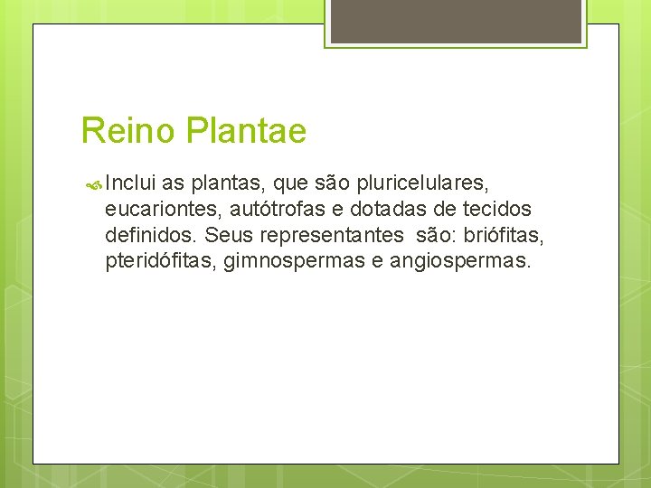 Reino Plantae Inclui as plantas, que são pluricelulares, eucariontes, autótrofas e dotadas de tecidos