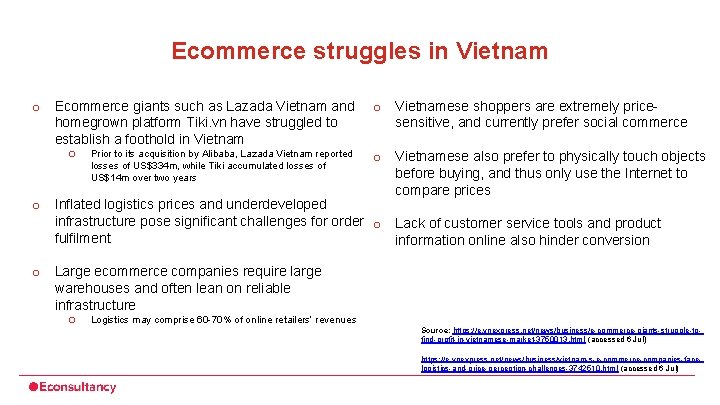 Ecommerce struggles in Vietnam o Ecommerce giants such as Lazada Vietnam and homegrown platform