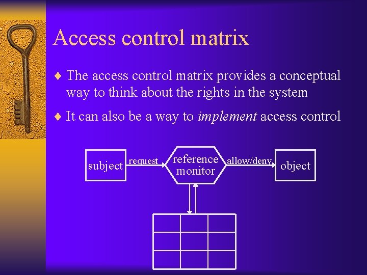 Access control matrix ¨ The access control matrix provides a conceptual way to think