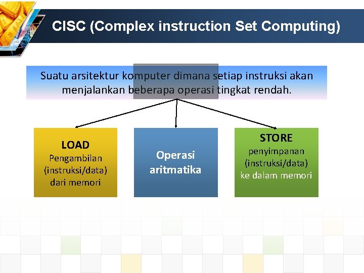 CISC (Complex instruction Set Computing) Suatu arsitektur komputer dimana setiap instruksi akan menjalankan beberapa CISC (Complex instruction Set Computing) Suatu arsitektur komputer dimana setiap instruksi akan menjalankan beberapa
