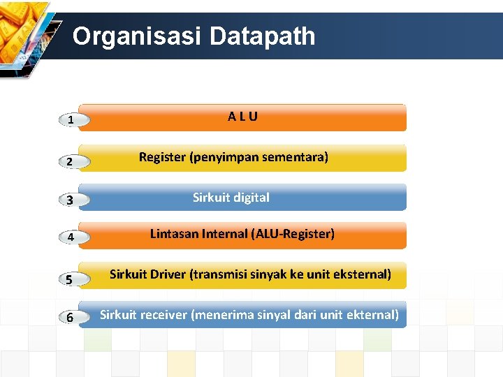 Organisasi Datapath 1 ALU 2 Register (penyimpan sementara) 3 Sirkuit digital 4 Lintasan Internal Organisasi Datapath 1 ALU 2 Register (penyimpan sementara) 3 Sirkuit digital 4 Lintasan Internal