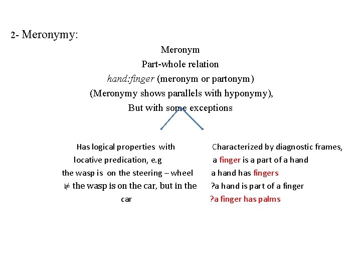 2 - Meronymy: Meronym Part-whole relation hand: finger (meronym or partonym) (Meronymy shows parallels