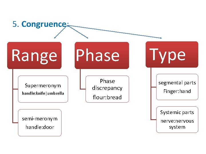 5. Congruence: Range Phase Supermeronym handle: knife|umbrella semi-meronym handle: door Phase discrepancy flour: bread