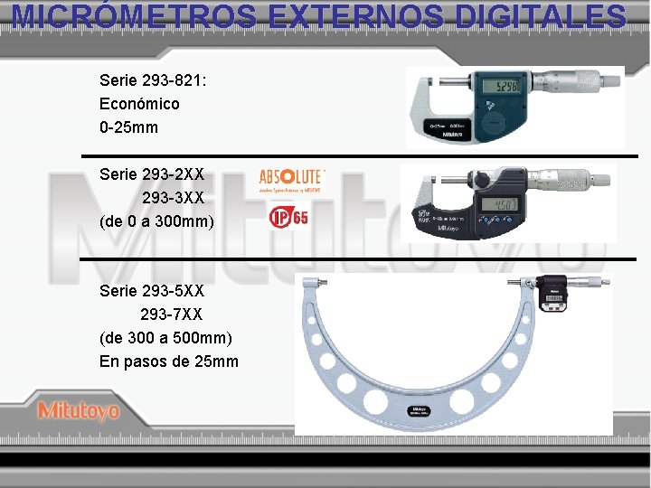 MICRÓMETROS EXTERNOS DIGITALES Serie 293 -821: Económico 0 -25 mm Serie 293 -2 XX