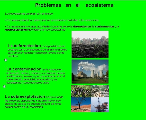 Problemas en el ecosistema Los ecosistemas cambian con el tiempo: ·De manera natural: no