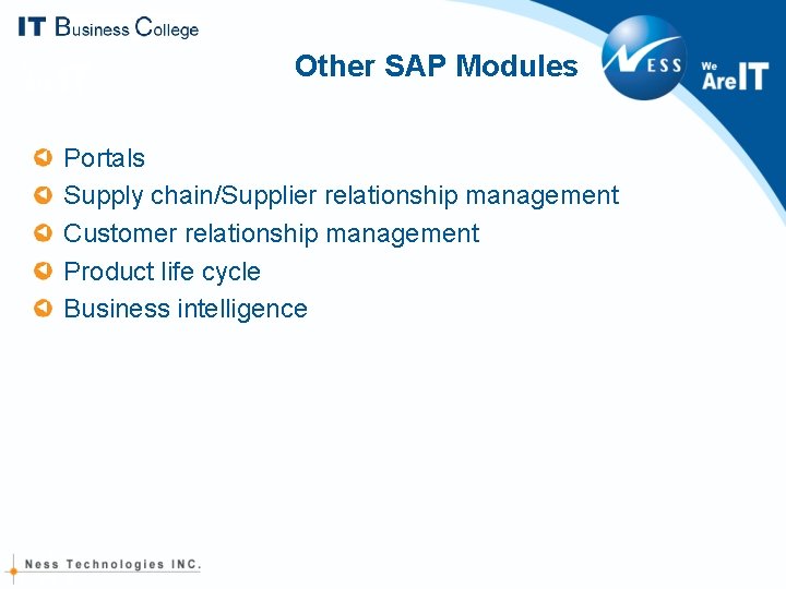 Other SAP Modules Portals Supply chain/Supplier relationship management Customer relationship management Product life cycle Other SAP Modules Portals Supply chain/Supplier relationship management Customer relationship management Product life cycle