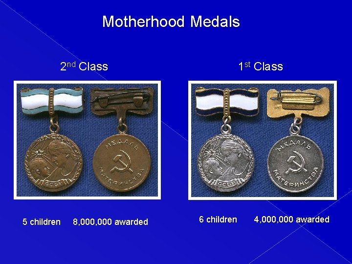 Motherhood Medals 2 nd Class 5 children 8, 000 awarded 1 st Class 6