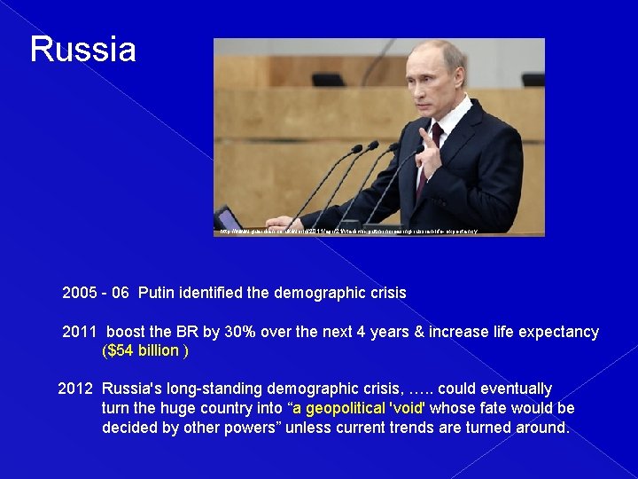 Russia http: //www. guardian. co. uk/world/2011/apr/21/vladimir-putin-increasing-russian-life-expectancy 2005 - 06 Putin identified the demographic crisis