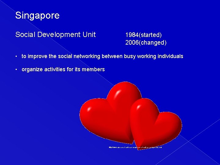 Singapore Social Development Unit 1984(started) 2006(changed) • to improve the social networking between busy