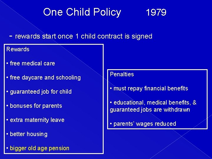 One Child Policy 1979 - rewards start once 1 child contract is signed Rewards