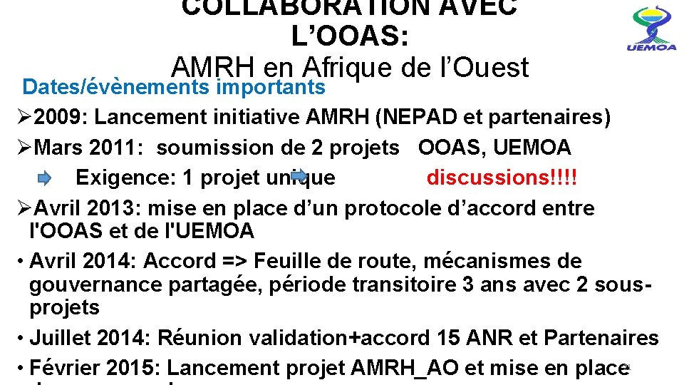 COLLABORATION AVEC L’OOAS: AMRH en Afrique de l’Ouest Dates/évènements importants Ø 2009: Lancement initiative