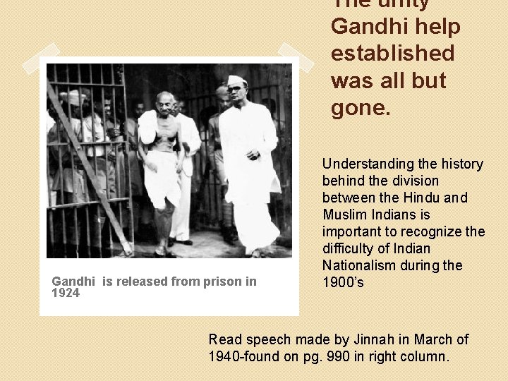 The unity Gandhi help established was all but gone. Gandhi is released from prison