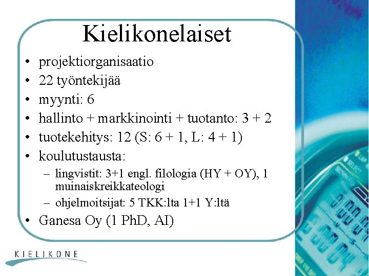 Kielikonelaiset • • • projektiorganisaatio 22 työntekijää myynti: 6 hallinto + markkinointi + tuotanto: