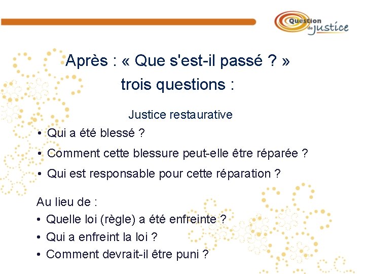 Après : « Que s'est-il passé ? » trois questions : Justice restaurative •