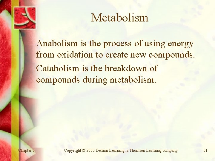 Metabolism Anabolism is the process of using energy from oxidation to create new compounds.