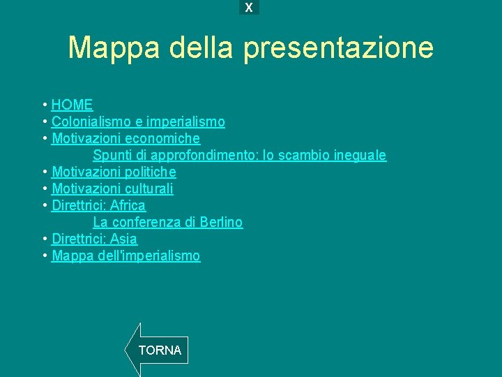 X Mappa della presentazione • HOME • Colonialismo e imperialismo • Motivazioni economiche Spunti X Mappa della presentazione • HOME • Colonialismo e imperialismo • Motivazioni economiche Spunti