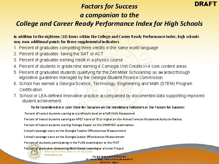 DRAFT Factors for Success a companion to the College and Career Ready Performance Index