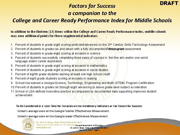 DRAFT Factors for Success a companion to the College and Career Ready Performance Index