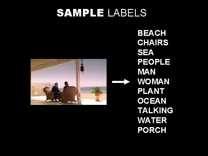 SAMPLE LABELS BEACH CHAIRS SEA PEOPLE MAN WOMAN PLANT OCEAN TALKING WATER PORCH 
