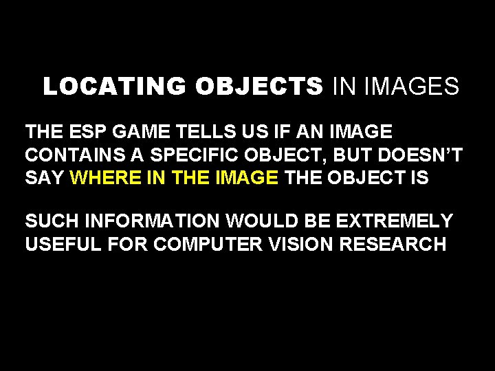 LOCATING OBJECTS IN IMAGES THE ESP GAME TELLS US IF AN IMAGE CONTAINS A