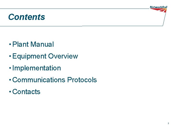 Contents • Plant Manual • Equipment Overview • Implementation • Communications Protocols • Contacts
