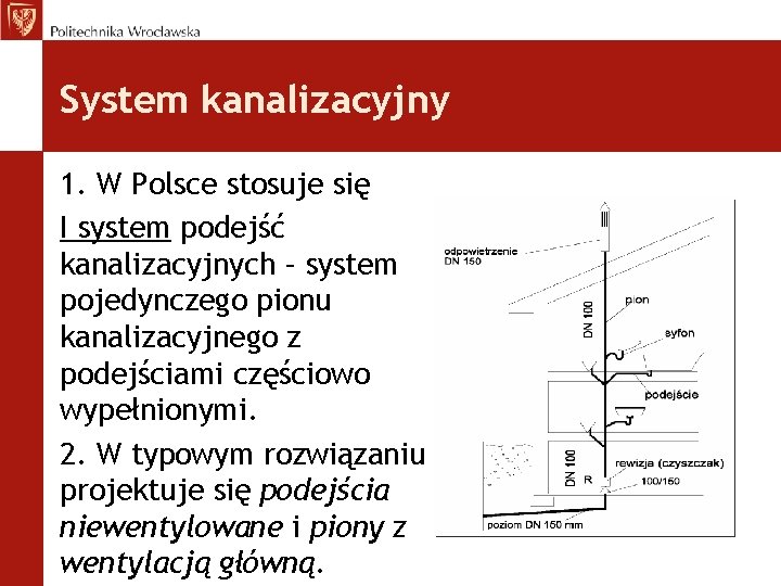 System kanalizacyjny 1. W Polsce stosuje się I system podejść kanalizacyjnych – system pojedynczego