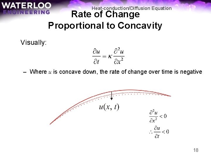 Heat-conduction/Diffusion Equation Rate of Change Proportional to Concavity Visually: – Where u is concave