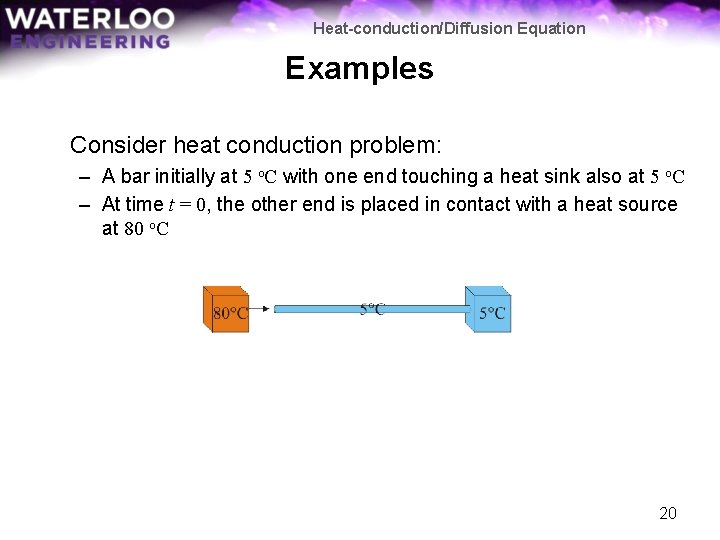 Heat-conduction/Diffusion Equation Examples Consider heat conduction problem: – A bar initially at 5 o.