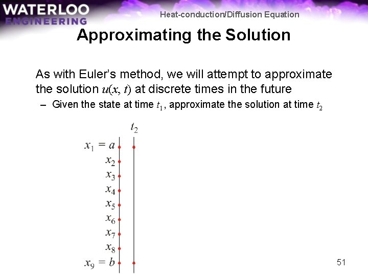 Heat-conduction/Diffusion Equation Approximating the Solution As with Euler’s method, we will attempt to approximate