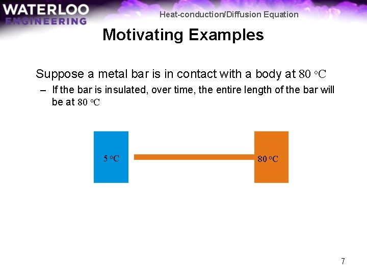 Heat-conduction/Diffusion Equation Motivating Examples Suppose a metal bar is in contact with a body