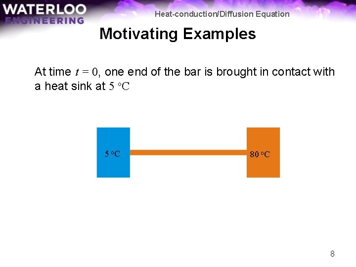 Heat-conduction/Diffusion Equation Motivating Examples At time t = 0, one end of the bar
