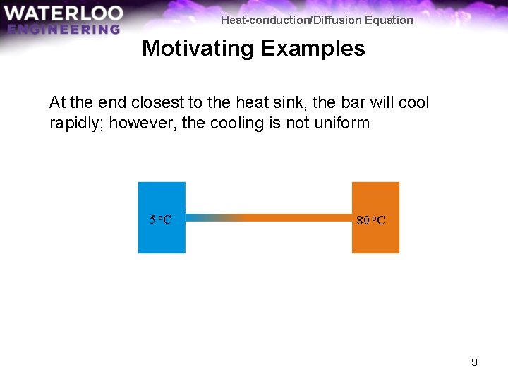 Heat-conduction/Diffusion Equation Motivating Examples At the end closest to the heat sink, the bar