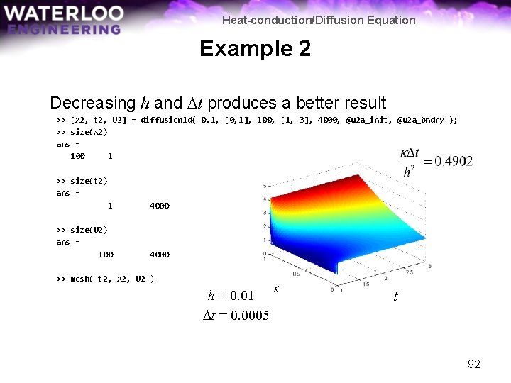 Heat-conduction/Diffusion Equation Example 2 Decreasing h and Dt produces a better result >> [x