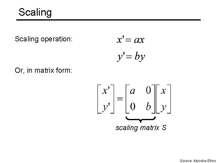Scaling operation: Or, in matrix form: scaling matrix S Source: Alyosha Efros 