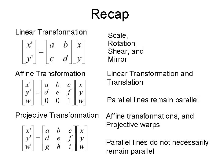 Recap Linear Transformation Scale, Rotation, Shear, and Mirror Affine Transformation Linear Transformation and Translation