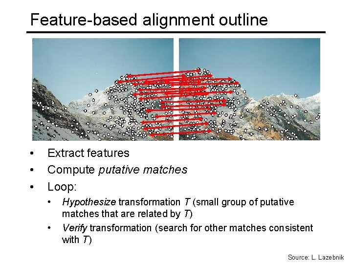 Feature-based alignment outline • • • Extract features Compute putative matches Loop: • •