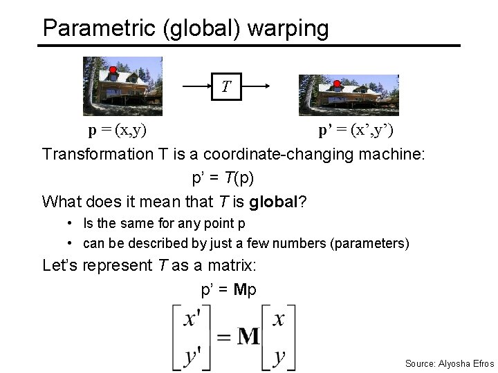 Parametric (global) warping T p = (x, y) p’ = (x’, y’) Transformation T