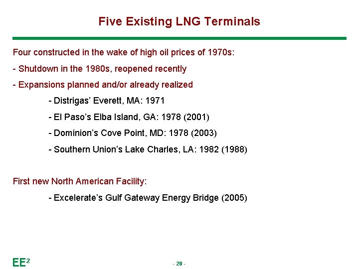 Five Existing LNG Terminals Four constructed in the wake of high oil prices of