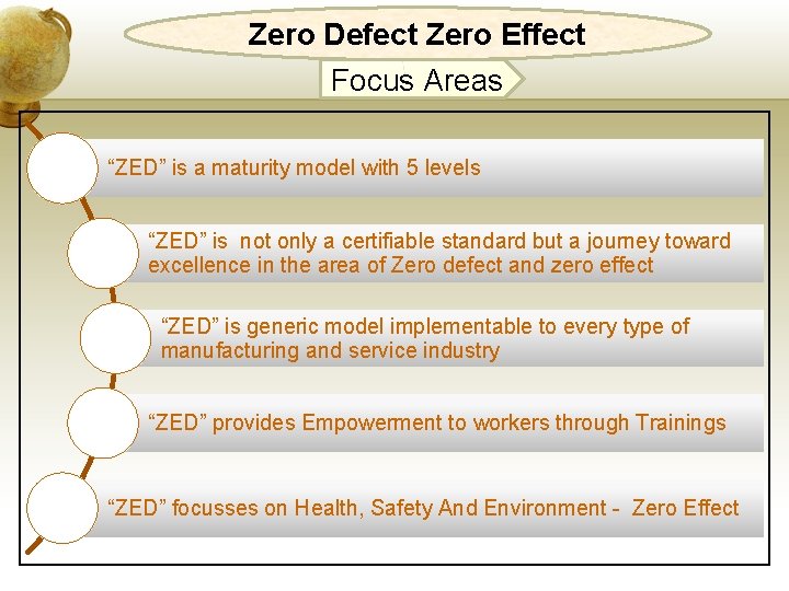 Zero Defect Zero Effect Focus Areas “ZED” is a maturity model with 5 levels