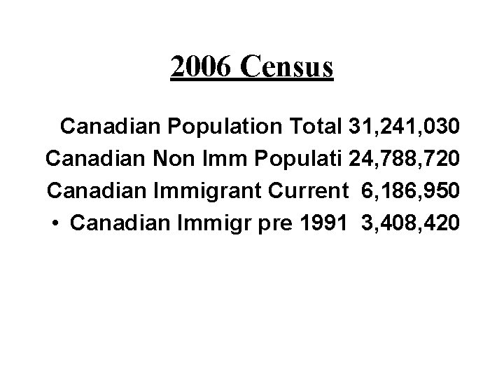 2006 Census Canadian Population Total 31, 241, 030 Canadian Non Imm Populati 24, 788,