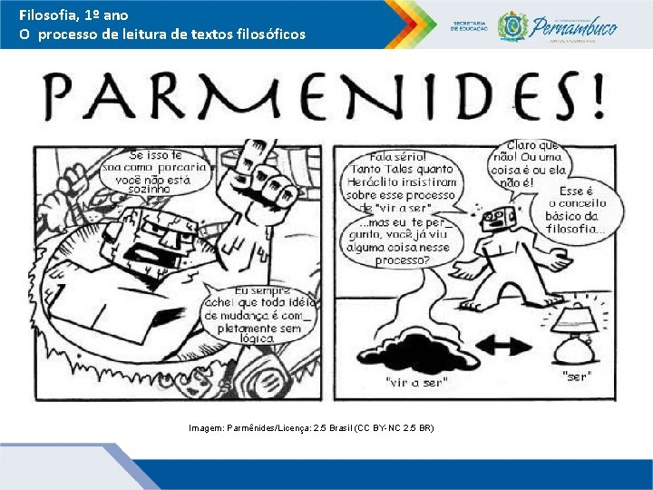 Filosofia, 1º ano O processo de leitura de textos filosóficos Imagem: Parmênides/Licença: 2. 5