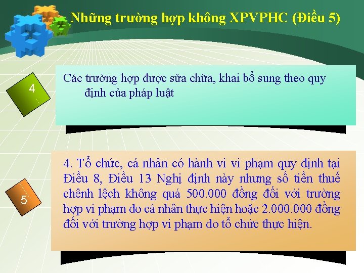 Những trường hợp không XPVPHC (Điều 5) 4 5 Các trường hợp được sửa