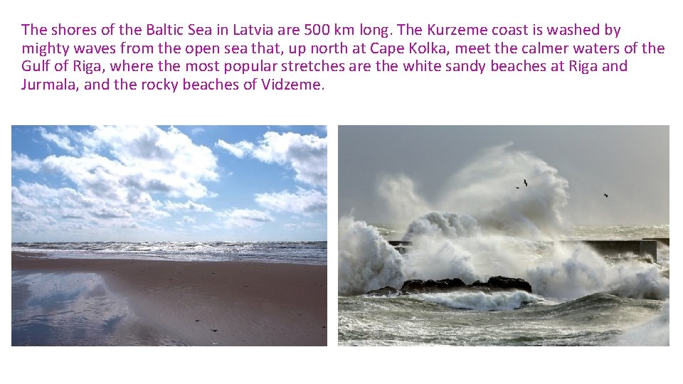 The shores of the Baltic Sea in Latvia are 500 km long. The Kurzeme The shores of the Baltic Sea in Latvia are 500 km long. The Kurzeme