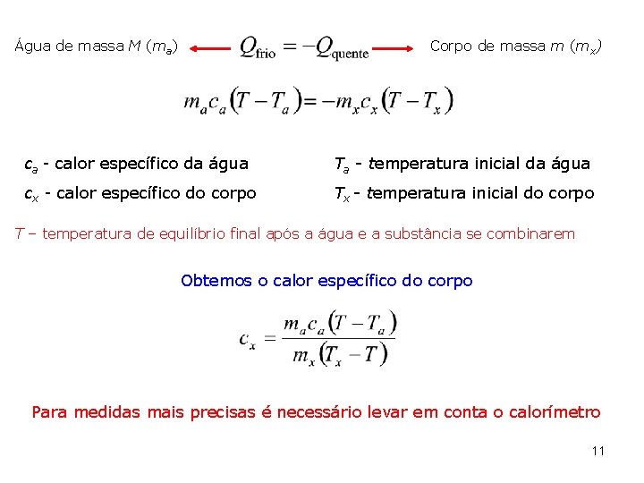 Água de massa M (ma) Corpo de massa m (mx) ca - calor específico